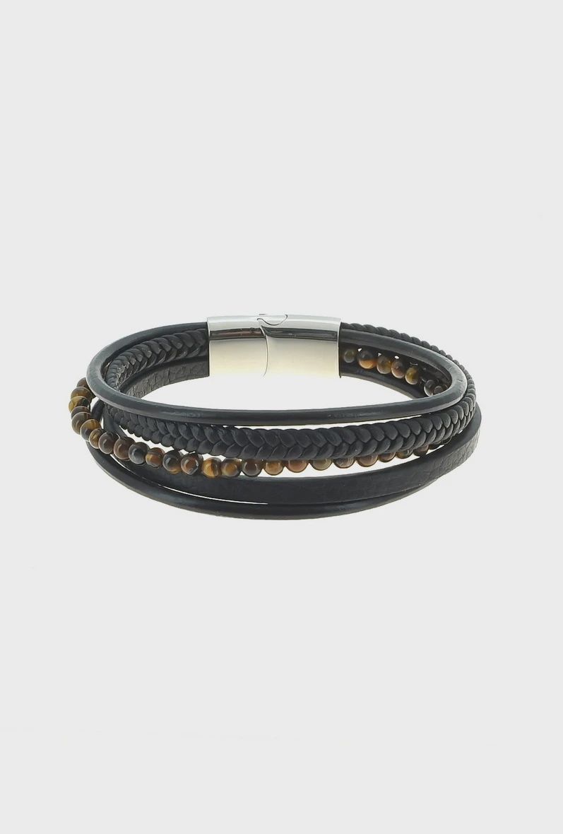 Bracelet homme en cuir noir et pierres naturelles œil de tigre