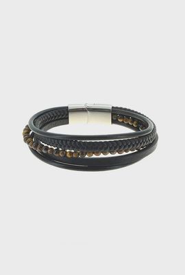 Bracelet homme en cuir noir et pierres naturelles œil de tigre
