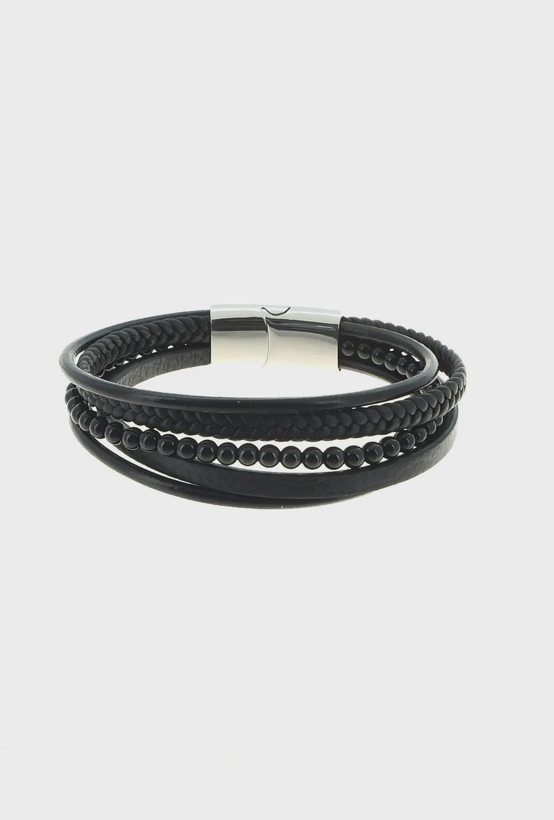 Bracelet homme en cuir noir avec pierres onyx noir