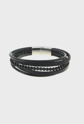 Bracelet homme en cuir noir avec pierres onyx noir