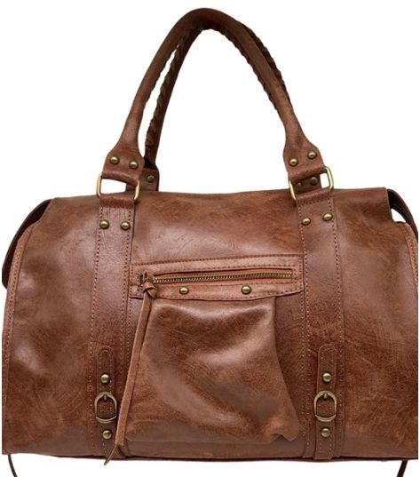 Grand sac épaule en cuir brossé marron