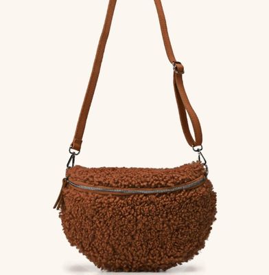 Sac banane en laine et cuir cognac