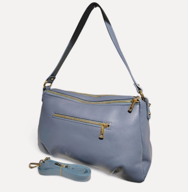 Sac en cuir grainé bleu jeans à deux compartiments