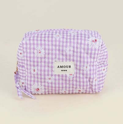 Trousse &quot;AMOUR&quot; en coton blanc et lilas avec imprimés marguerites
