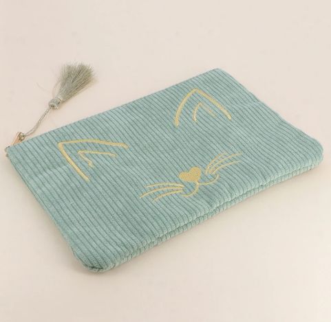 Trousse en velours côtelé vert d&#39;eau à tête de chat