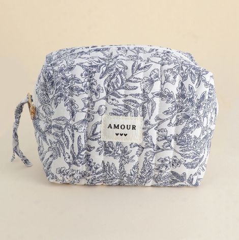 Trousse &quot;AMOUR&quot; en coton blanc à imprimés floraux bleu