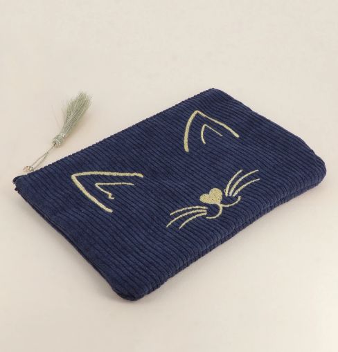Trousse en velours  côtelé bleu marine à tête de chat