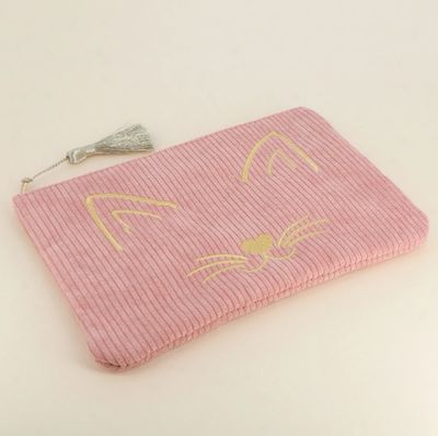 Trousse en velours côtelé rose à tête de chat