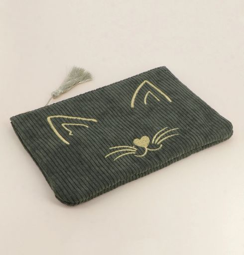 Trousse en velours côtelé kaki à tête de chat