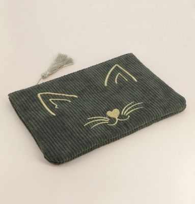 Trousse en velours côtelé kaki à tête de chat