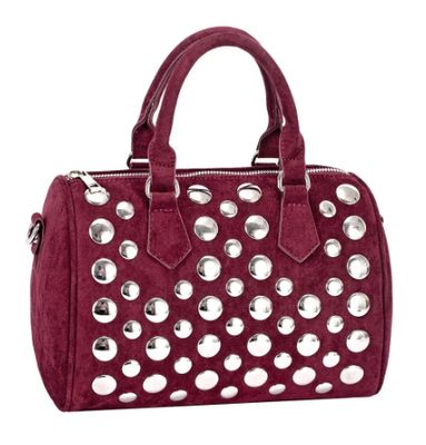 Sac polochon effet velours bordeaux avec clous argentés