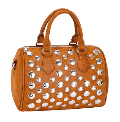 Sac polochon effet velours cognac avec clous argentés