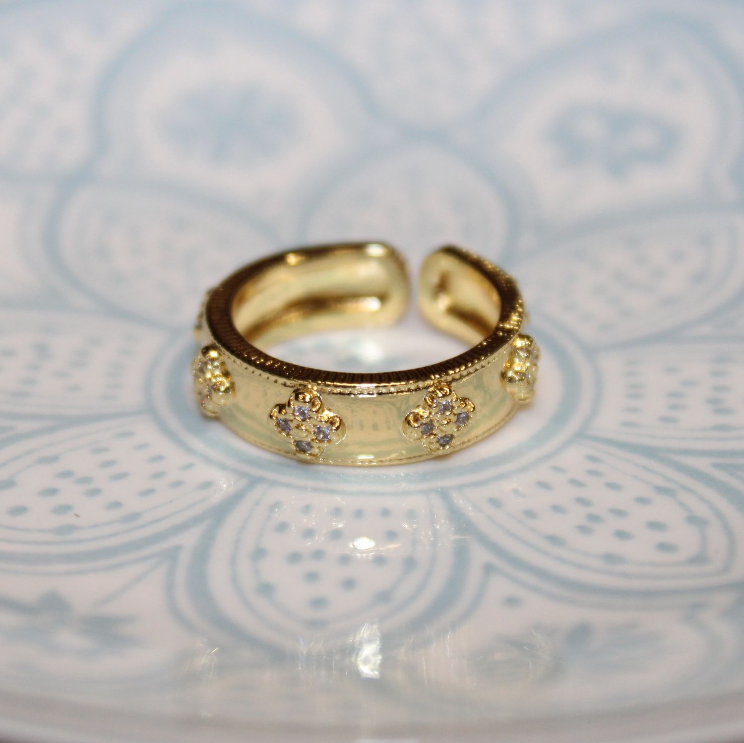 Bague ajustable trèfle&amp;strass en acier inoxydable doré