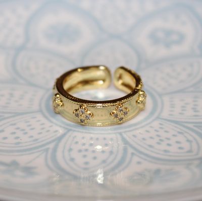 Bague ajustable trèfle&amp;strass en acier inoxydable doré