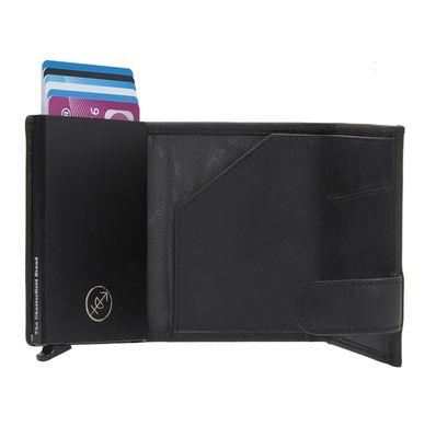 Porte carte SABANA en cuir noir et nylon bleu