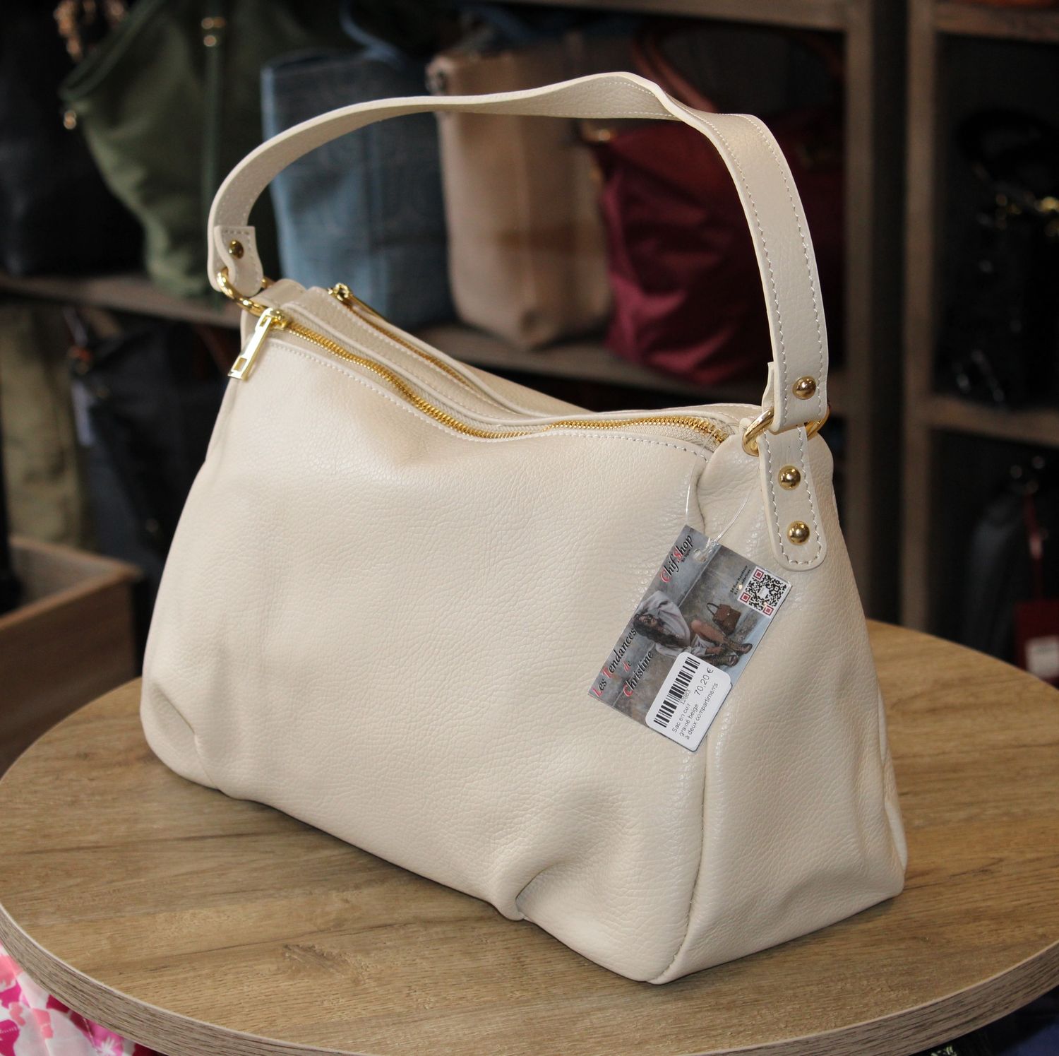 Sac en cuir grainé beige à deux compartiments