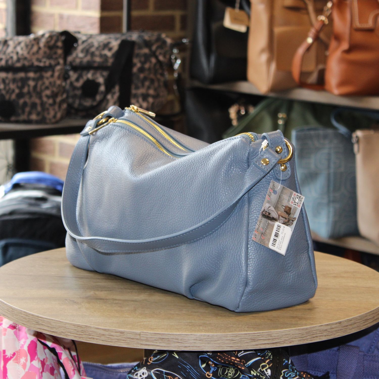 Sac en cuir grainé bleu jeans à deux compartiments