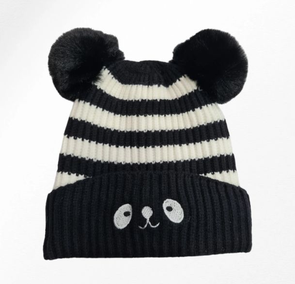 Bonnet enfant rayé marin brodé nounours-Noir