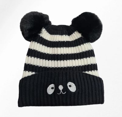 Bonnet enfant rayé marin brodé nounours-Noir