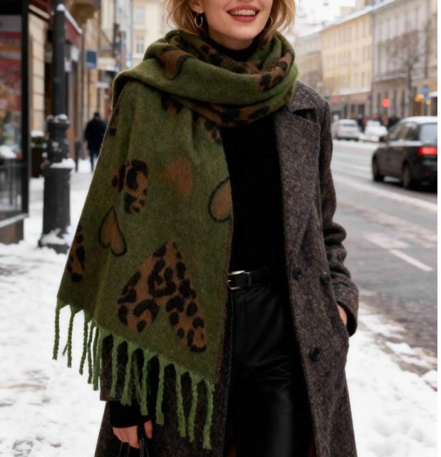 Grande écharpe douce à imprimés léopard &amp; cœur -Kaki