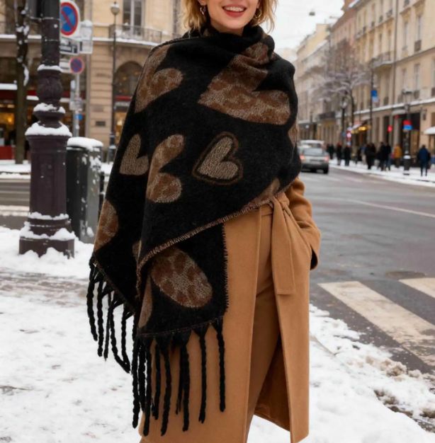 Grande écharpe douce à imprimés léopard &amp; cœur - Noir