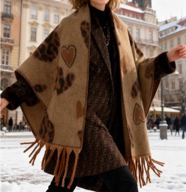 Grande écharpe douce à imprimés léopard &amp; cœur - Taupe
