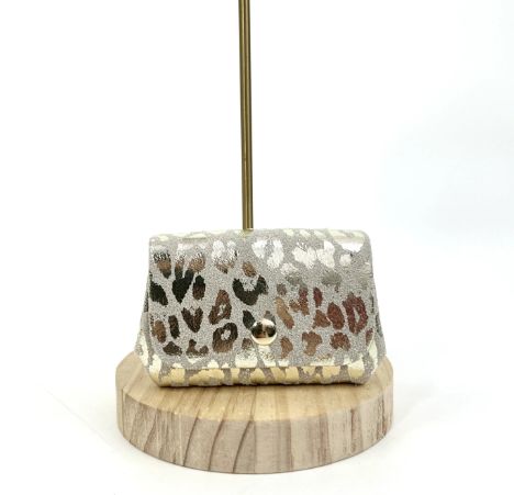 Petit portefeuille en cuir à imprimés léopards - Gris