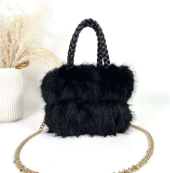 Sac cabas en fourrure synthétique et poignets tressés - Noir