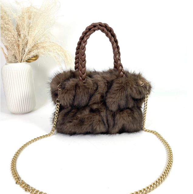 Sac cabas en fourrure synthétique et poignets tressés -Marron