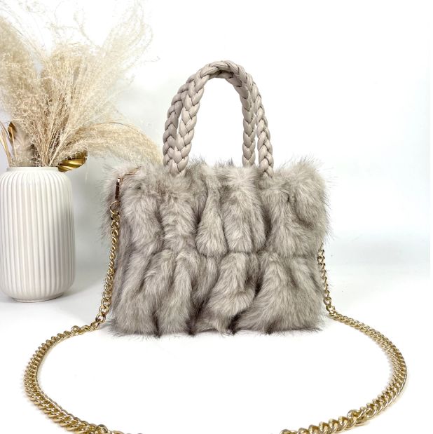 Sac cabas en fourrure synthétique et poignets tressés - Taupe