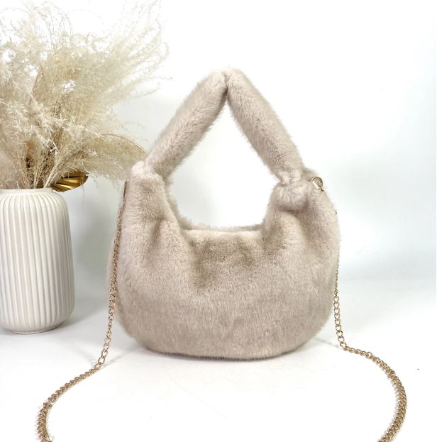 Sac épaule/bandoulière en fourrure synthétique - Beige
