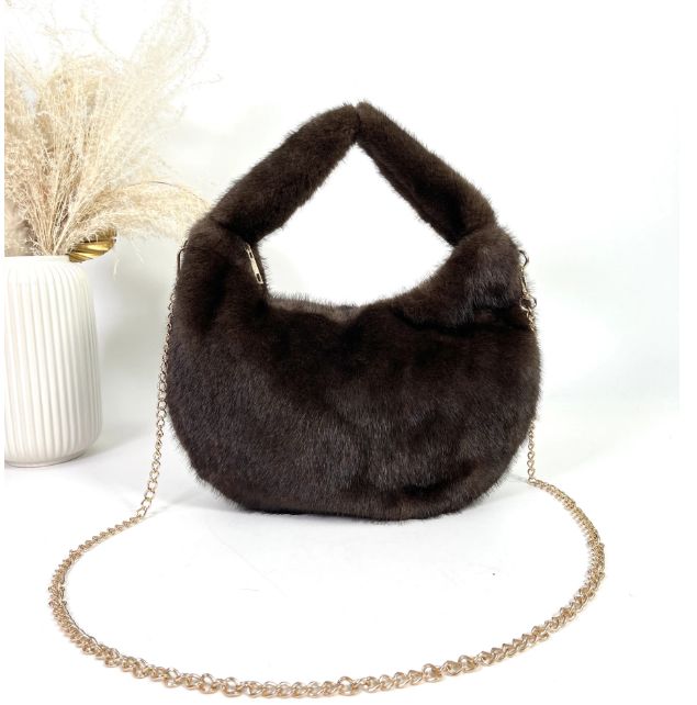 Sac épaule/bandoulière en fourrure synthétique - Marron Foncé