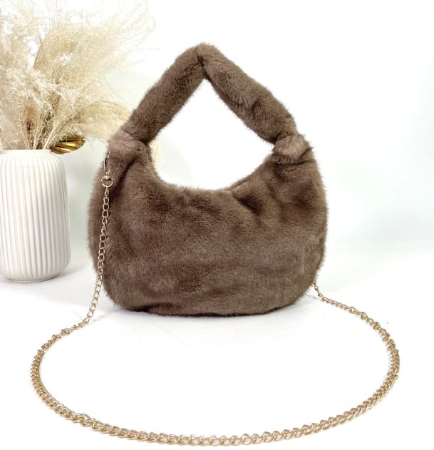 Sac épaule/bandoulière en fourrure synthétique - Marron