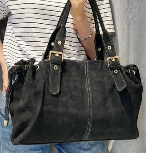 Grand sac épaule en daim - Noir