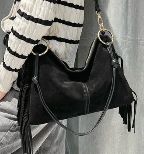 Sac épaule/bandoulière en daim à franges - Noir