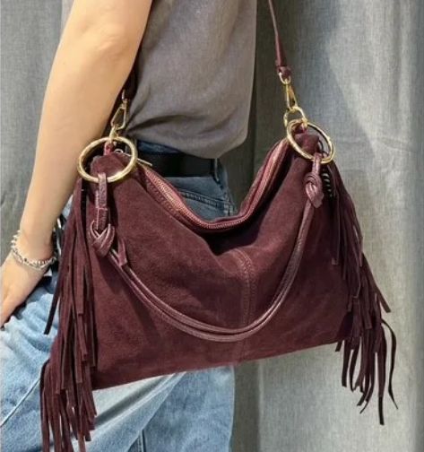 Sac épaule/bandoulière en daim à franges - Bordeaux