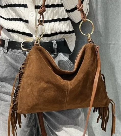 Sac épaule/bandoulière en daim à franges - Marron