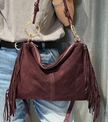 Sac épaule/bandoulière en daim à franges - Bordeaux