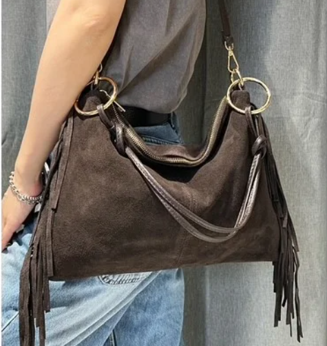 Sac épaule/bandoulière en daim à franges - Marron Foncé