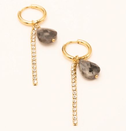Créoles en acier doré avec chaîne rivière et pierre naturelle - Gris