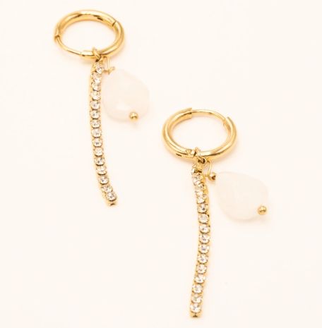Créoles en acier doré avec chaîne rivière et pierre naturelle - Blanc