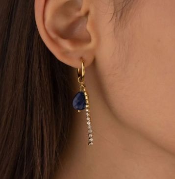 Créoles en acier doré avec chaîne rivière et pierre naturelle - Bleu