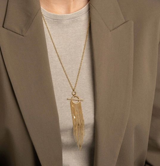 Sautoir en acier doré avec anneau barre et chaînes pendantes