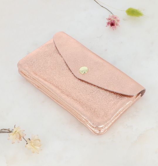 Grand porte monnaie en cuir métallisé - Rose Gold