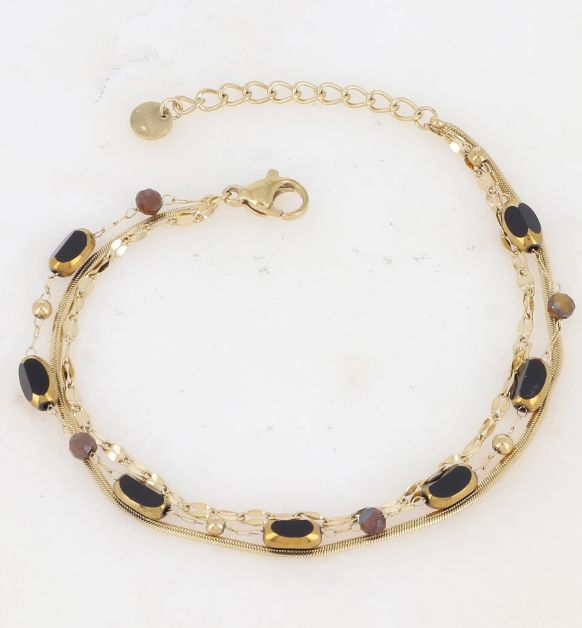Bracelet 3 rangs avec pierres naturelles et pâtes de verre - Noir