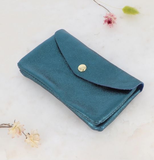 Grand porte monnaie en cuir métallisé - Bleu Pétrole