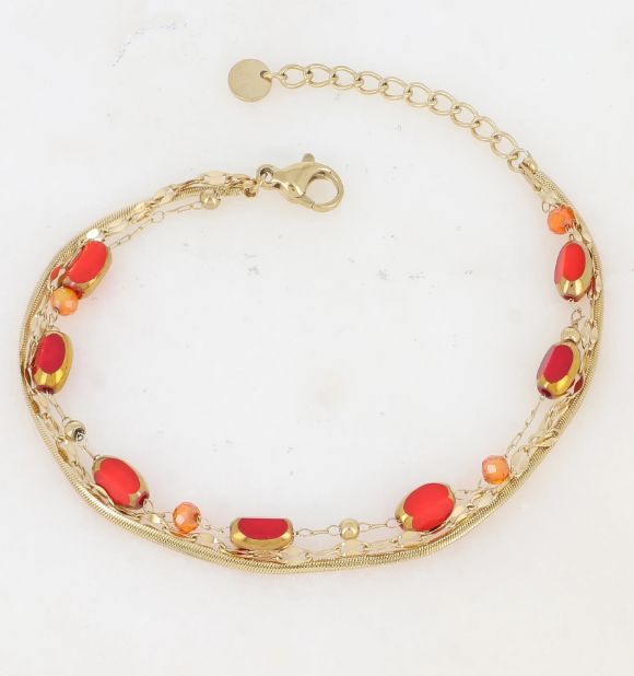 Bracelet 3 rangs avec pierres naturelles et pâtes de verre - Rouge