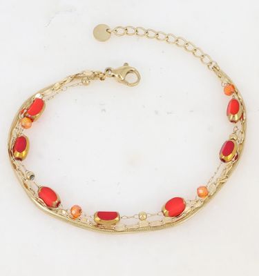 Bracelet 3 rangs avec pierres naturelles et pâtes de verre - Rouge