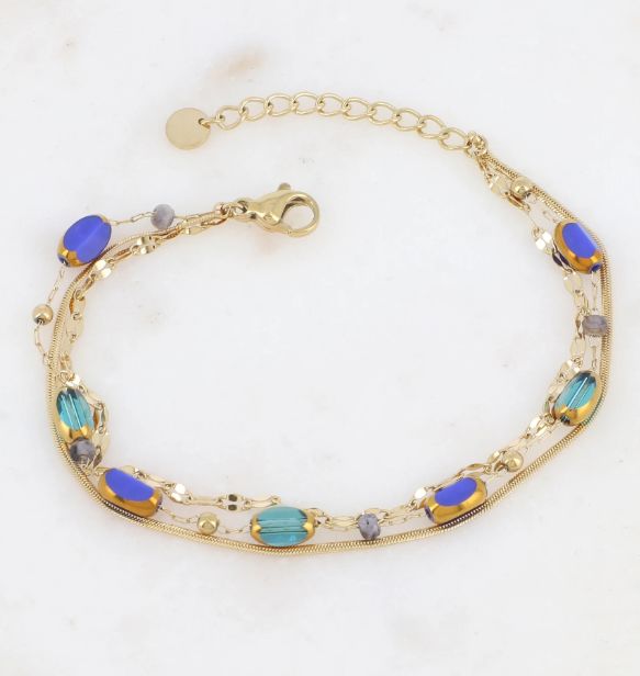 Bracelet 3 rangs avec pierres naturelles et pâtes de verre - Bleu