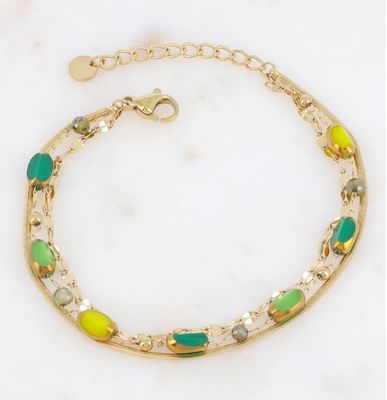 Bracelet 3 rangs avec pierres naturelles et pâtes de verre - Vert